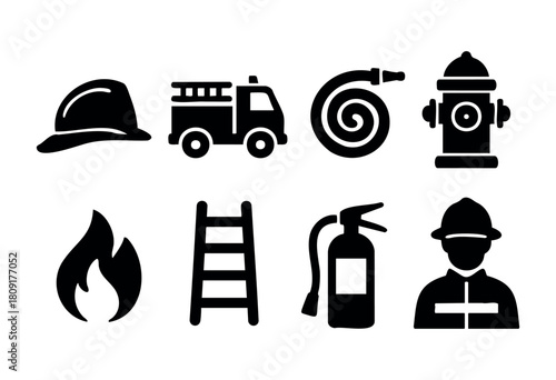Array of firefighting tools and symbols including a helmet, fire truck, hose, hydrant, ladder, fire extinguisher, and firefighter silhouette for emergency situations.