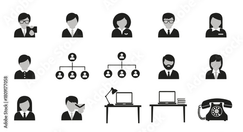 A collection of office-related icons in black and white, including people, organization charts, desks, and a rotary phone.