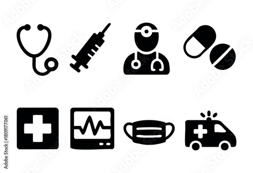 Various medical symbols illustrate essential healthcare components including a stethoscope, syringe, doctor, medications, and emergency equipment used in patient care.