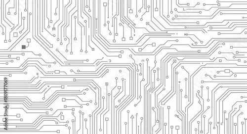 An intricate and detailed abstract pattern of a white circuit board with many interconnected lines and nodes, representing complex technology and data flow.