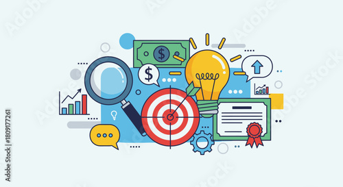 Illustration of business strategy elements including a lightbulb for ideas, target for goals, money, and a magnifying glass for analysis.
