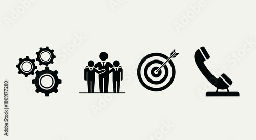 Black icons representing business concepts like gears for process, a team for management, a target for goals, and a telephone for communication on a light background.