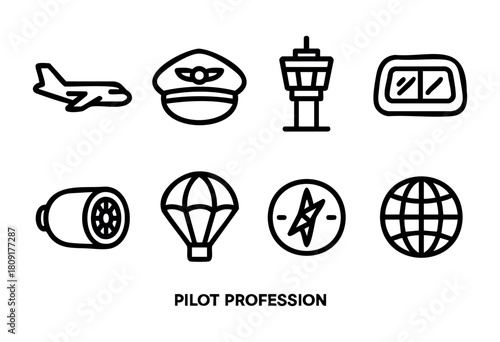 Various symbols associated with the pilot profession are displayed, including an airplane, pilot hat, control tower, and navigation tools, emphasizing aviation elements.