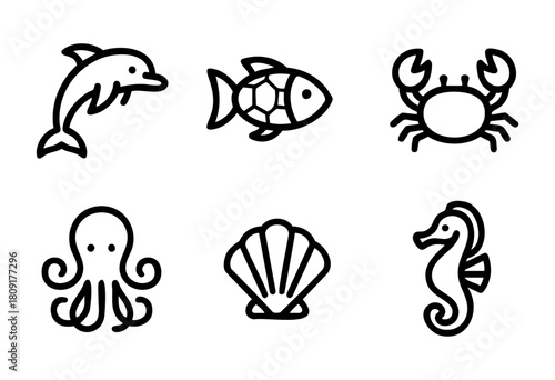 Several marine animals are depicted in a minimalist design, showing a dolphin, fish, crab, octopus, shell, and seahorse. Ideal for teaching kids about ocean life.