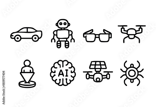 Various simple icons display key technology elements such as a car, drone, robot, and artificial intelligence. The design highlights advancements in automation and innovation.