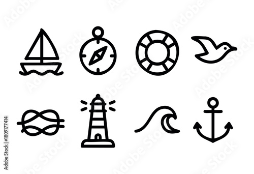 Various nautical symbols including a sailboat, compass, lifebuoy, seagull, lighthouse, waves, and anchor are displayed in a minimalistic design that highlights maritime themes.