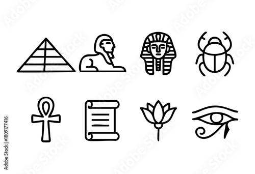 Various ancient Egyptian symbols are illustrated, including the pyramid, sphinx, scarab, and the ankh. These elements represent Egypt's rich history and beliefs in life after death.