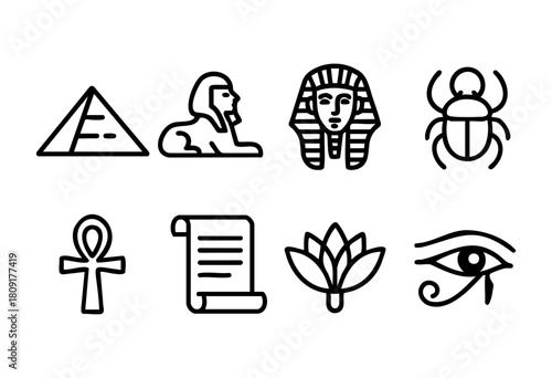 Various ancient Egyptian symbols showcase the rich culture and mythology. These include a pyramid, a sphinx, a scarab beetle, and ankh, among others, highlighting historical significance.