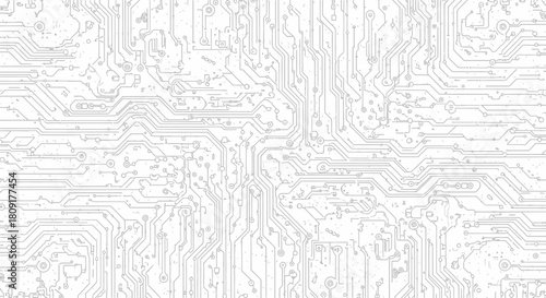 Abstract light grey circuit board pattern on a white background, representing digital technology and connections.