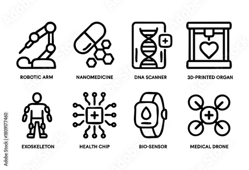 Various symbols represent advancements in healthcare technology, including a robotic arm, medical drone, nanomedicine, and a 3D-printed organ, highlighting innovation in medical practices.