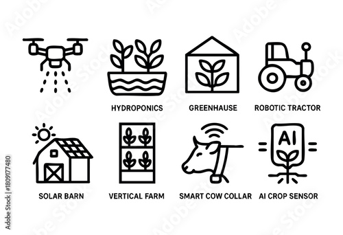 This collection showcases various innovative agricultural technologies like drones for crop monitoring, hydroponic systems, and robotic tractors designed to enhance farming efficiency.