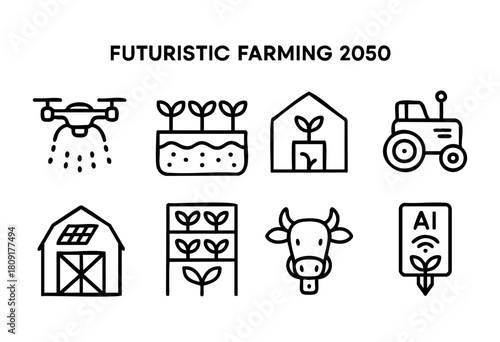 New farming methods and innovations are showcased with icons representing drones, greenhouses, tractors, and AI integration for sustainable agriculture in 2050.