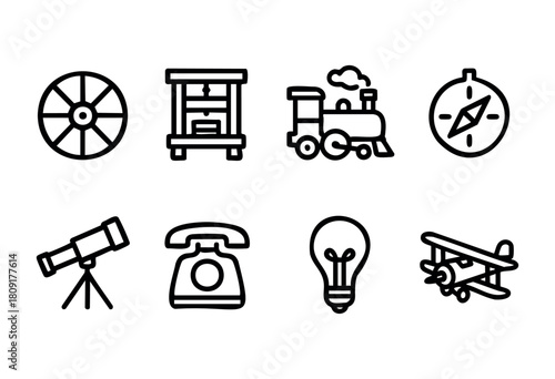 Collection of vintage icons showing a wheel, train, telescope, telephone, compass, light bulb, and airplane, each symbolizing different aspects of technology and exploration.