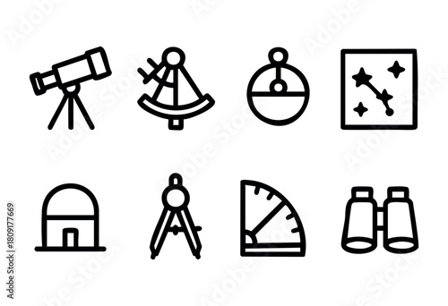 Various tools for astronomy and navigation are arranged together. A telescope, sextant, compass, star chart, and drawing instruments are highlighted. Perfect for educational purposes.