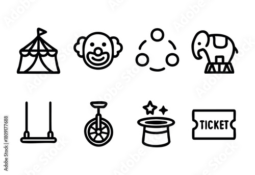 Colorful symbols depict a carnival scene, showcasing a clown, elephant, ticket, tent, unicycle, magic hat, and swinging rides, creating a lively festive atmosphere.