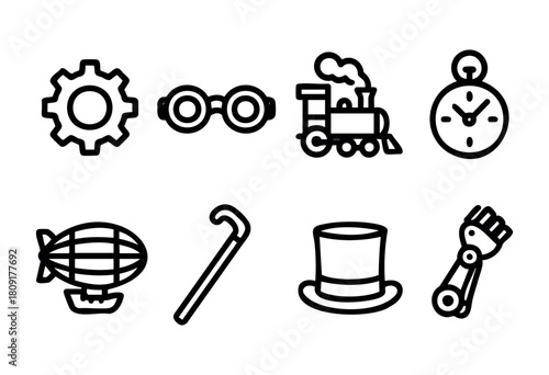 This collection showcases various steampunk elements including a gear, round glasses, a vintage train, a clock, a blimp, a cane, a top hat, and a robotic arm, perfect for design inspiration.