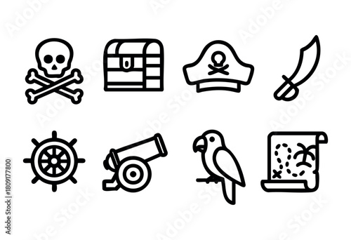 Various icons represent a pirate theme, showcasing symbols such as a skull, treasure chest, sword, parrot, and a treasure map, all in a bold, simple design.