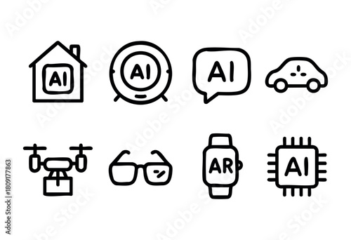 Various simple drawings depict the influence of AI in daily activities. The icons illustrate a smart home, robotics, communication, transportation, and augmented reality tools.