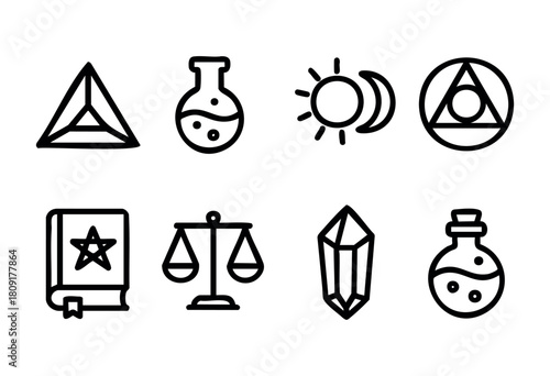A collection of nine distinct symbols showcases themes of science, nature, legality, and mysticism, featuring geometric shapes, celestial bodies, and various objects.