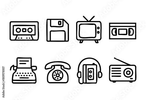 Various vintage technology items are displayed, including a cassette tape, floppy disk, old television, typewriter, rotary phone, and radio, highlighting past innovations in communication and entertai