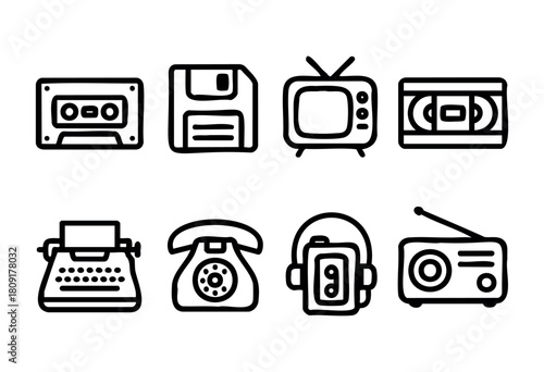 Various vintage technology icons are displayed, featuring cassette tapes, floppy disks, a classic television, and a typewriter. These symbols represent nostalgic memories of the past.