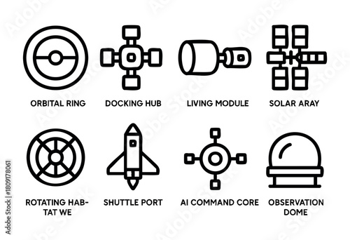 The image showcases a layout of a modern space station with icons representing different components such as living modules, solar arrays, and docking hubs for spacecraft.