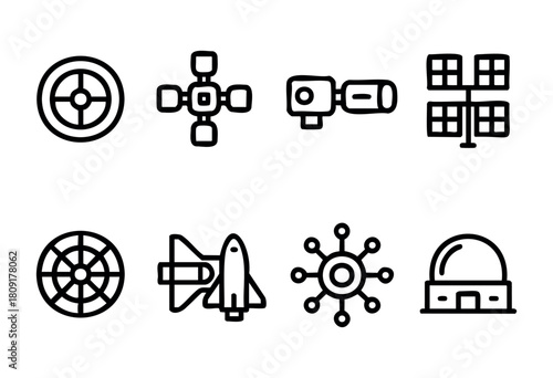 This visual features a collection of icons related to space exploration, including rockets, satellites, and tools. Each design is minimalist and emphasizes technological advancements.