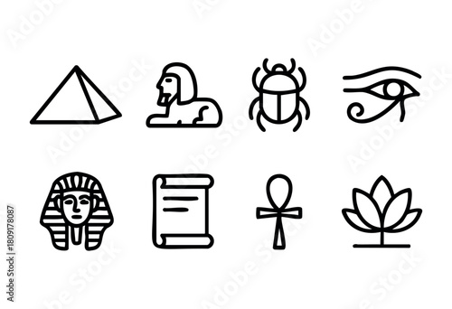 Various symbols of ancient Egypt are displayed in a clean line art style, featuring pyramids, a sphinx, a scarab beetle, and ankh. These iconic images represent Egyptian culture and history.