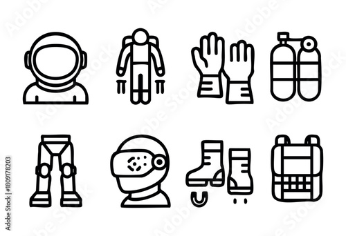 Innovative space travel gear designed for astronauts, showcasing helmets, jetpacks, gloves, and oxygen tanks essential for missions beyond Earth.