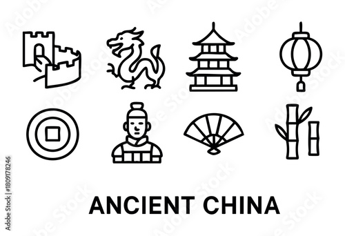 This visual showcases essential symbols of ancient China, including a great wall, dragon, pagoda, lantern, warrior figure, fan, and bamboo. Each icon represents rich history and culture.