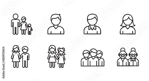 Family and relationships vector icons featuring parents children and couples love
