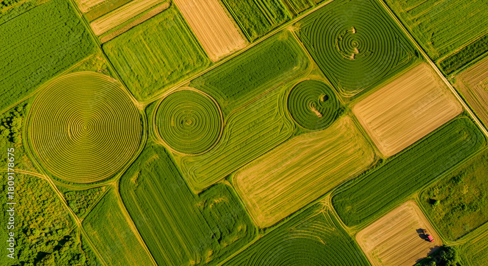Obraz premium Stunning aerial view of vibrant green farmland with circular irrigation patterns creating a mesmerizing landscape, perfect for agriculture or environmental themes