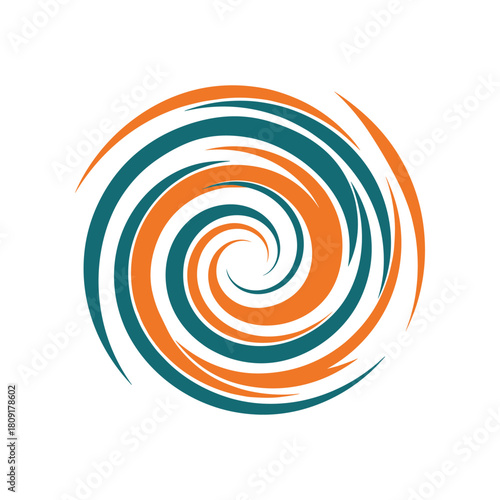 Vibrant spiral design with orange and teal colors creating a dynamic visual.