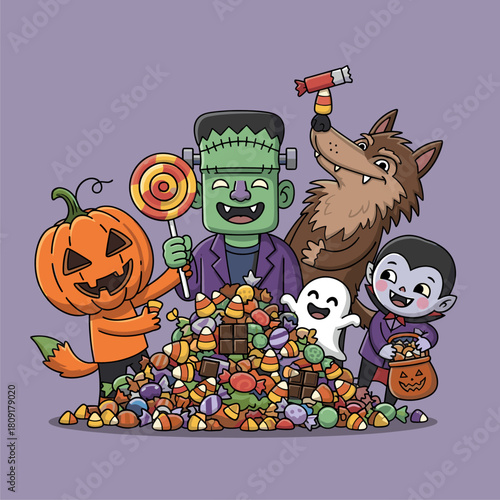 Happy Halloween Monsters Celebrating with a Huge Pile of Candy