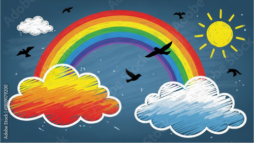 Colorful Sky Rainbow, Clouds, Sun, and Birds Illustration
