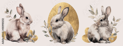 Watercolor Easter rabbits with gold accents and botanical leaves, perfect for nursery prints, greeting cards, Easter decor, invitations, sublimation and high-end spring design. Vector