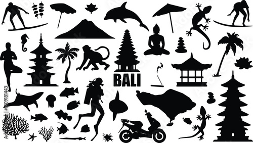 Vector collection of Bali travel elements, Indonesian culture, surfing, temples, monkey, marine life, black holiday symbols for tourism design