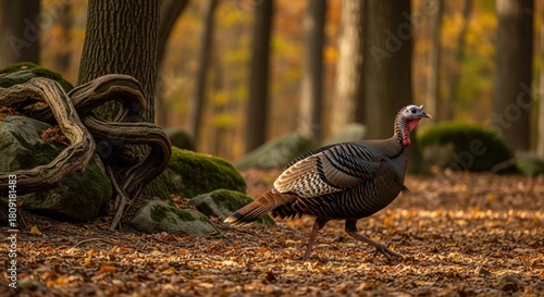 Single turkey walking in dense autumn forest with fallen leaves and dappled sunlight, highlighting intricate plumage