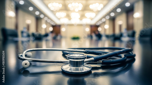 stethoscope in conference room. stethoscope on conference table in blurred boardroom for health policy concept