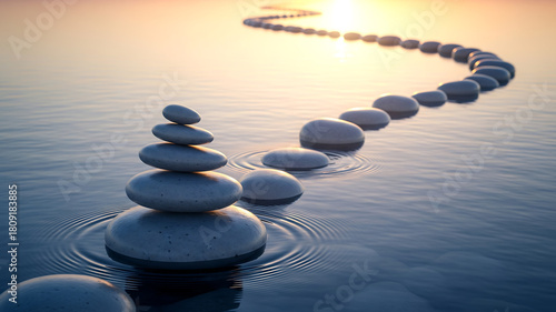 zen balance stone stack and path over tranquil water at sunset