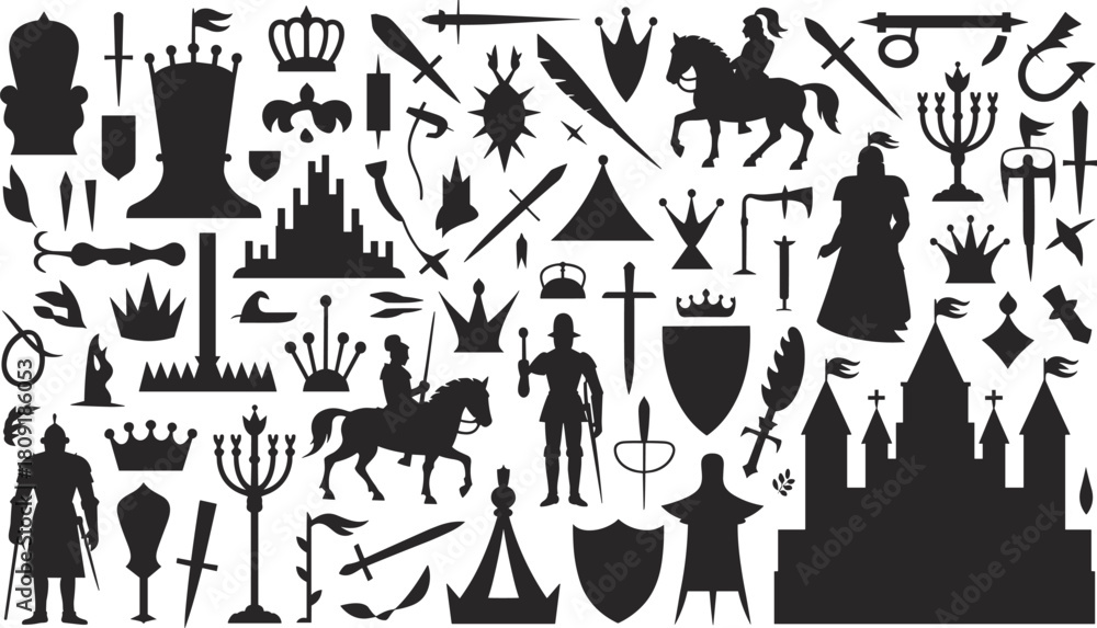 Naklejka premium Vector collection of medieval fantasy silhouettes, knight, castle, sword, crown, chess pieces, historical elements for game design, fairy tale set