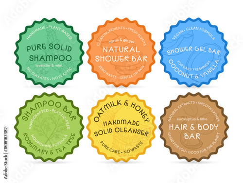 Labels for various handmade cleansing bars showcasing different scents and uses, designed for eco-friendly personal care