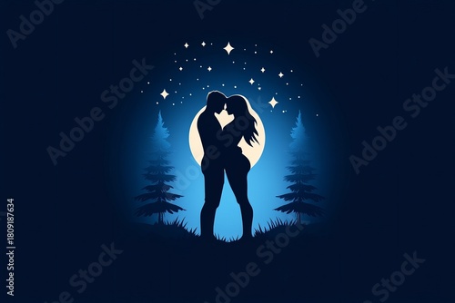 Silhouetted couple embraces intimately beneath a bright moon and shimmering stars in a peaceful forest setting.