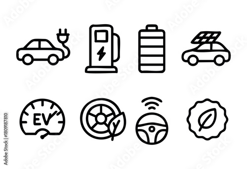 Icons depict essential elements of electric vehicles and sustainability, including charging stations, batteries, and eco-friendly features promoting clean energy use in transportation.