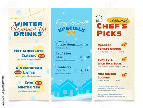 Warm and inviting winter season menu template featuring cozy drinks and hearty specials for a delightful dining experience