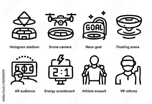 This setting showcases advanced technology in sports, featuring a hologram stadium, drone camera, and augmented reality audience for an immersive experience during the game.