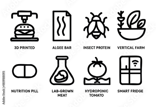 Various icons feature modern food tech advancements, including 3D printed burgers, insect protein bars, hydroponic tomatoes, and smart fridges in an urban farm environment.