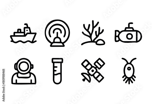 A collection of icons representing marine exploration, including a boat, sonar, submarine, diver, test tube, satellite, and ocean creatures. Each symbolizes unique aspects of underwater research.
