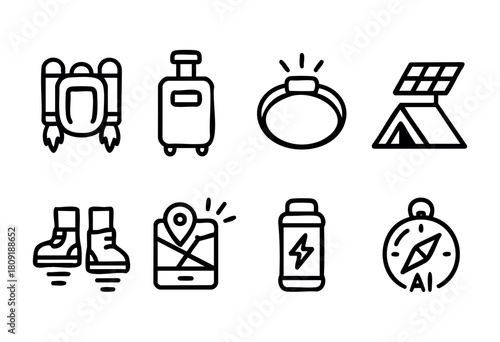 Various travel essentials are displayed, including hiking boots, a suitcase, a ring, and solar panels, perfect for adventurers planning exciting trips and outdoor activities.