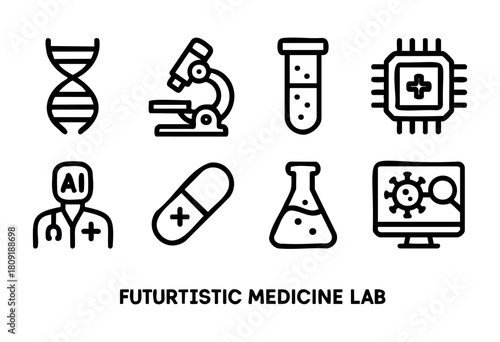 Futuristic laboratory setting showcases elements of advanced medicine, including DNA, lab equipment, AI, and an emphasis on research and technology in healthcare.